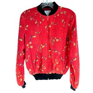 Allison Taylor Red 100% Silk Cherry Blossom Zippered Bomber Jacket Size Medium